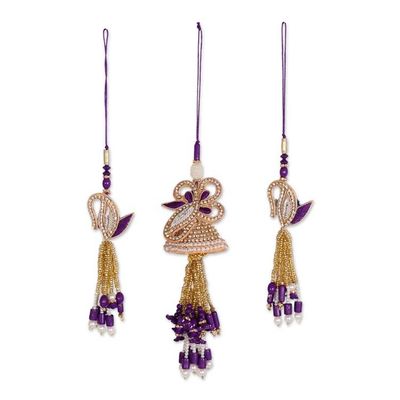 Alternate image for 3 Cotton Beaded Christmas Ornaments with Floral Leaf Motif Purple Glamour
