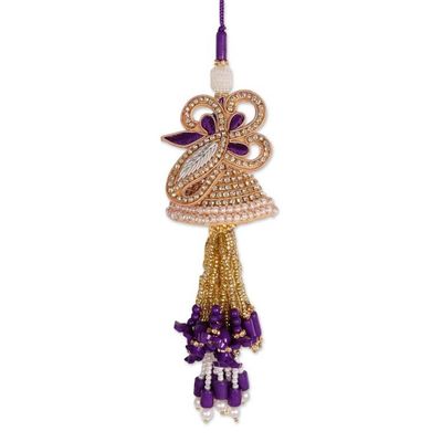 Alternate image for 3 Cotton Beaded Christmas Ornaments with Floral Leaf Motif Purple Glamour