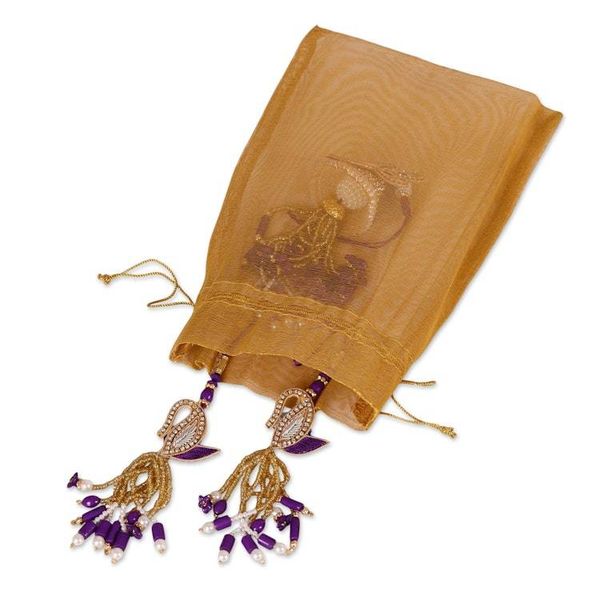 Alternate image for 3 Cotton Beaded Christmas Ornaments with Floral Leaf Motif Purple Glamour