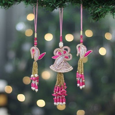 Alternate image for 3 Pink Floral Leaf-Themed Cotton Beaded Christmas Ornaments Pink Glamour