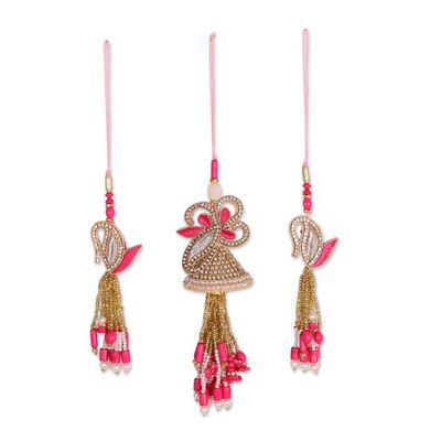 Alternate image for 3 Pink Floral Leaf-Themed Cotton Beaded Christmas Ornaments Pink Glamour
