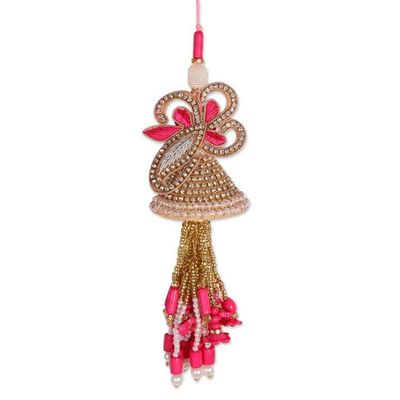 Alternate image for 3 Pink Floral Leaf-Themed Cotton Beaded Christmas Ornaments Pink Glamour