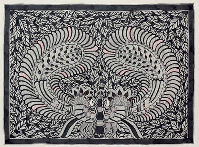 Image for Signed Madhubani Style Artwork from Indian Artisan Peacock Allure