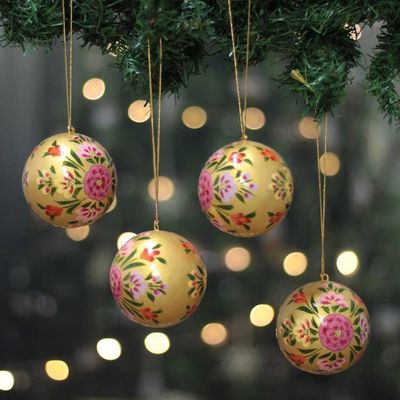 Alternate image for Floral-Themed Papier Mache Christmas Ornaments Set of 4 Golden Blossoms