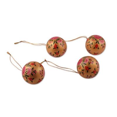 Alternate image for Floral-Themed Papier Mache Christmas Ornaments Set of 4 Golden Blossoms