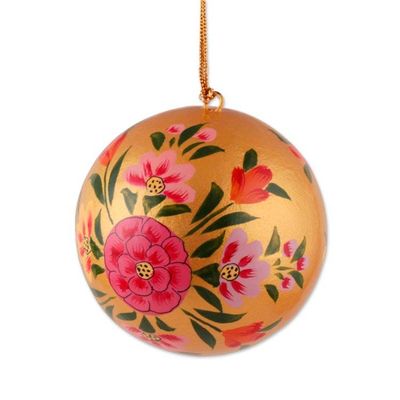 Alternate image for Floral-Themed Papier Mache Christmas Ornaments Set of 4 Golden Blossoms