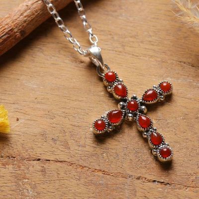 Primary image for Sterling Silver and Carnelian Stone Cross Pendant Necklace Fiery Cross
