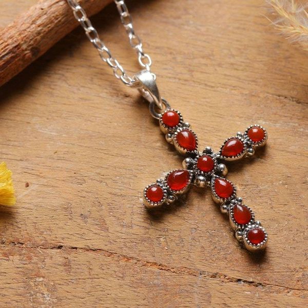 Alternate image for Sterling Silver and Carnelian Stone Cross Pendant Necklace Fiery Cross