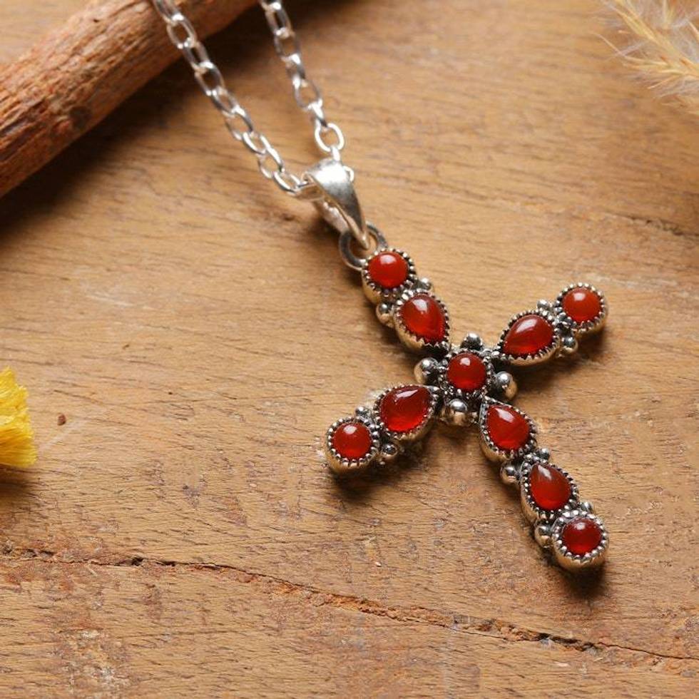 Sterling Silver and Carnelian Stone Cross Pendant Necklace 'Fiery Cross'