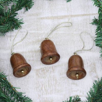 Alternate image for Fair Trade Hand-carved Wood Ornaments set of 3 Bells of Peace