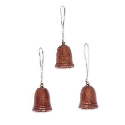 Alternate image for Fair Trade Hand-carved Wood Ornaments set of 3 Bells of Peace