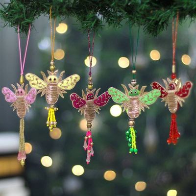 Alternate image for Set of 5 Cotton Beaded Bee Ornaments with Zardozi Embroidery Holiday Bees