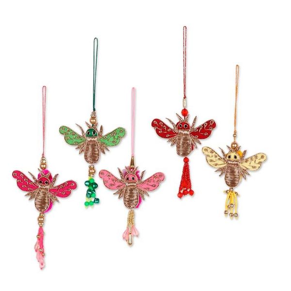 Alternate image for Set of 5 Cotton Beaded Bee Ornaments with Zardozi Embroidery Holiday Bees