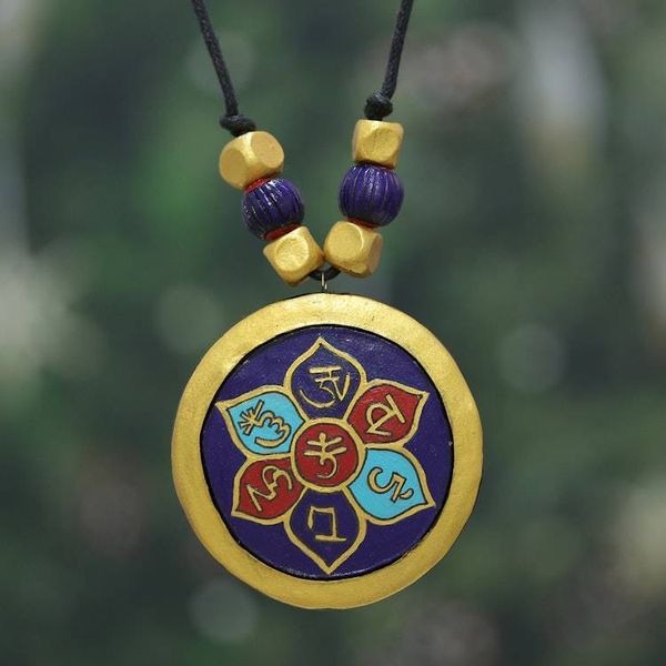 Alternate image for Hand-Painted Ceramic Lotus Ashtamangala Pendant Necklace Ashtamangala