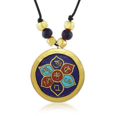 Alternate image for Hand-Painted Ceramic Lotus Ashtamangala Pendant Necklace Ashtamangala