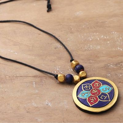 Alternate image for Hand-Painted Ceramic Lotus Ashtamangala Pendant Necklace Ashtamangala