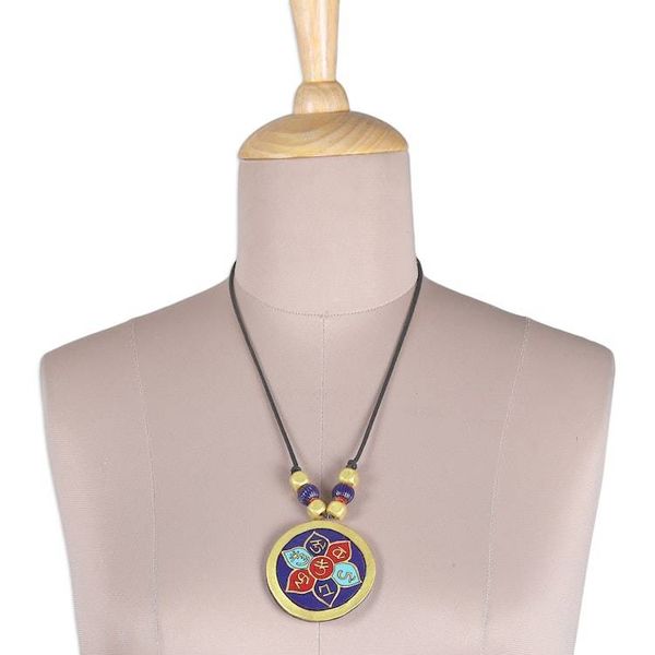 Alternate image for Hand-Painted Ceramic Lotus Ashtamangala Pendant Necklace Ashtamangala