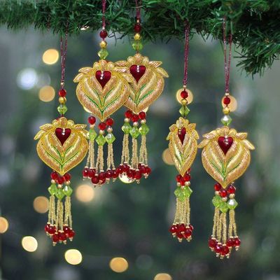 Primary image for 5 Beaded Lotus Christmas Ornaments with Zardozi Embroidery Golden Lotus