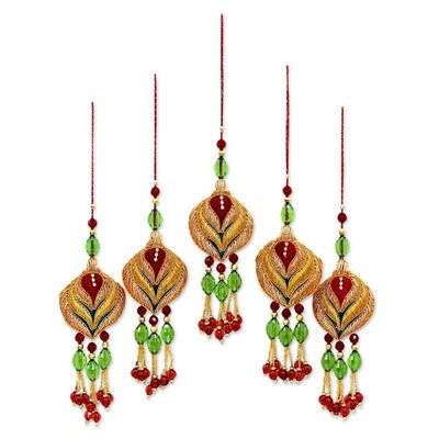 Alternate image for 5 Beaded Lotus Christmas Ornaments with Zardozi Embroidery Golden Lotus