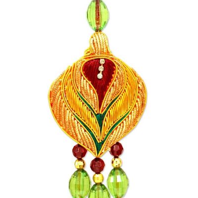 Alternate image for 5 Beaded Lotus Christmas Ornaments with Zardozi Embroidery Golden Lotus