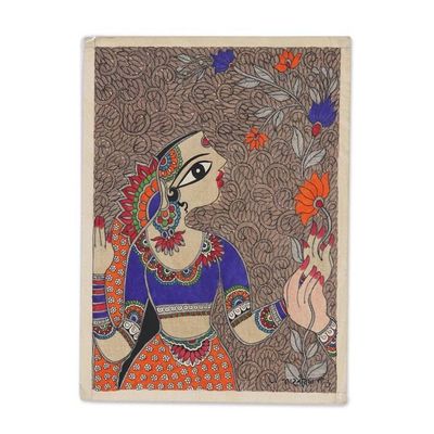 Primary image for Madhubani Painting of a Woman with Flowers from India Natures Love
