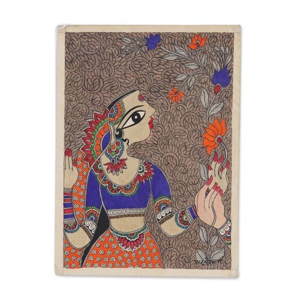 Alternate image for Madhubani Painting of a Woman with Flowers from India Natures Love