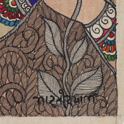Alternate image for Madhubani Painting of a Woman with Flowers from India Natures Love