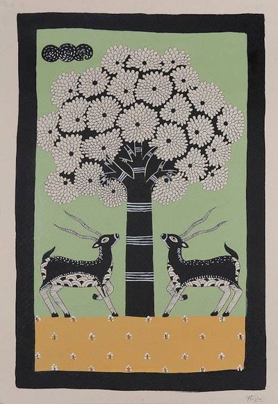 Alternate image for Madhubani Folk Art Painting of Deer by a Flowering Tree Sacred Grove of Life