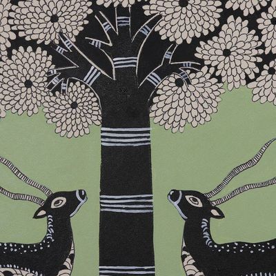 Alternate image for Madhubani Folk Art Painting of Deer by a Flowering Tree Sacred Grove of Life