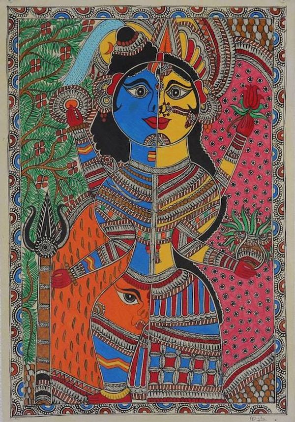 Alternate image for Dual Indian God Ardhanarishwar Madhubani Folk Art Painting Ardhanarishwar - The Cosmic...
