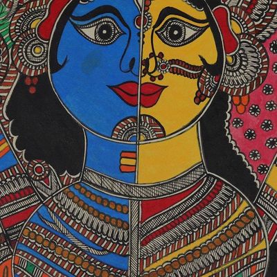 Alternate image for Dual Indian God Ardhanarishwar Madhubani Folk Art Painting Ardhanarishwar - The Cosmic...