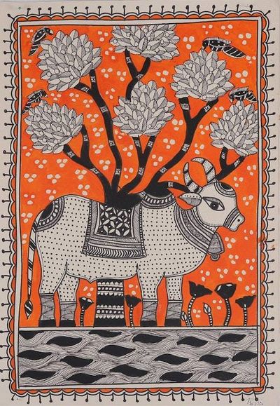 Alternate image for Madhubani Folk Art Painting of Indian Sacred Cow Kamdhenu Kamdhenu - Cow of Abundance