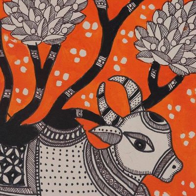 Alternate image for Madhubani Folk Art Painting of Indian Sacred Cow Kamdhenu Kamdhenu - Cow of Abundance