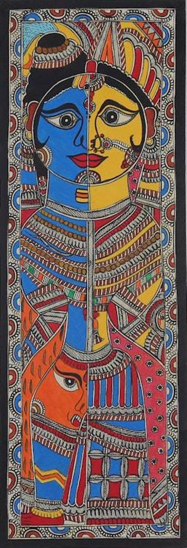 Alternate image for Madhubani Folk Art Painting of Hindu Deity Ardhanarishwar Ardhanarishwar - The Cosmic...