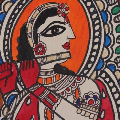 Alternate image for Krishna-Inspired Figure Playing the Flute Madhubani Painting The Divine Melody