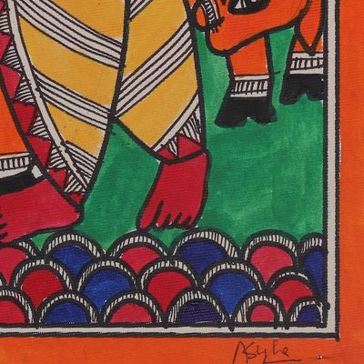 Alternate image for Krishna-Inspired Figure Playing the Flute Madhubani Painting The Divine Melody