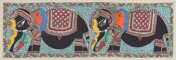 Alternate image for Indian Royal Elephant-Themed Madhubani Folk Art Painting Royal Elephants in Harmony