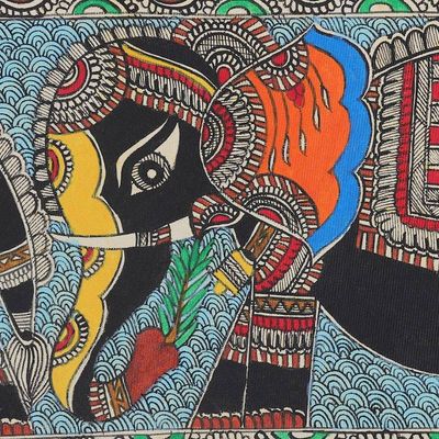 Alternate image for Indian Royal Elephant-Themed Madhubani Folk Art Painting Royal Elephants in Harmony
