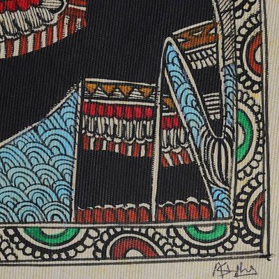 Alternate image for Indian Royal Elephant-Themed Madhubani Folk Art Painting Royal Elephants in Harmony