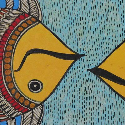 Alternate image for Madhubani Folk Art Painting of Two Fish Facing Each Other Aquatic Symphony