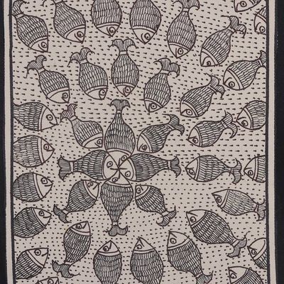 Primary image for Fish-Themed Black and White Madhubani Folk Art Painting Harmony of the Waters