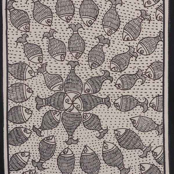 Alternate image for Fish-Themed Black and White Madhubani Folk Art Painting Harmony of the Waters