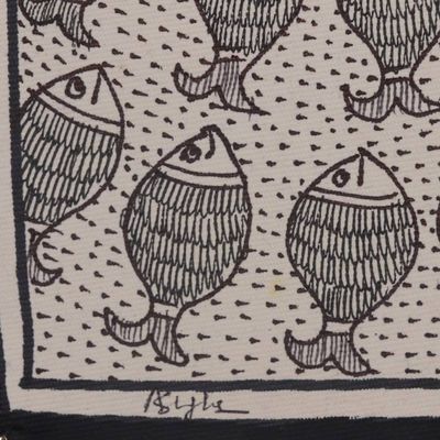 Alternate image for Fish-Themed Black and White Madhubani Folk Art Painting Harmony of the Waters