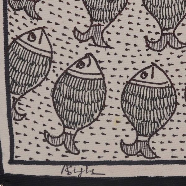 Alternate image for Fish-Themed Black and White Madhubani Folk Art Painting Harmony of the Waters