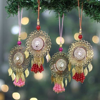 Primary image for 4 Iron Beaded Christmas Ornaments with Jali Openwork Accents Glittering Beauty