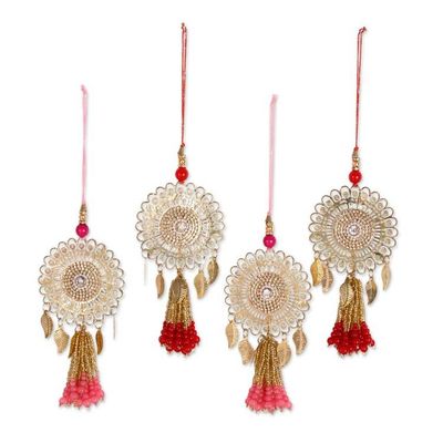 Alternate image for 4 Iron Beaded Christmas Ornaments with Jali Openwork Accents Glittering Beauty
