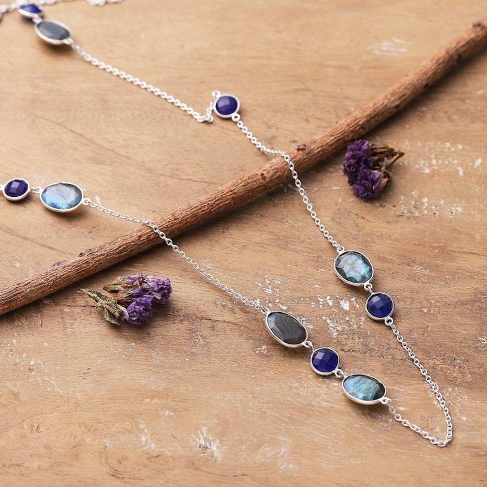 60-Carat Checkerboard Labradorite and Blue Quartz Necklace 'Blue Class'