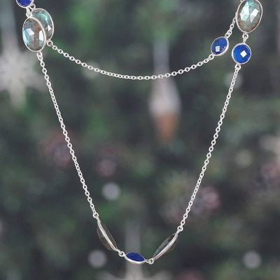 Alternate image for 60-Carat Checkerboard Labradorite and Blue Quartz Necklace Blue Class