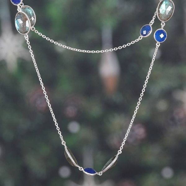 Alternate image for 60-Carat Checkerboard Labradorite and Blue Quartz Necklace Blue Class