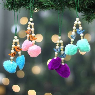 Primary image for 4 Bird-Themed Wood Beaded Ornaments with Acrylic Pom-Poms Songs for the Holidays